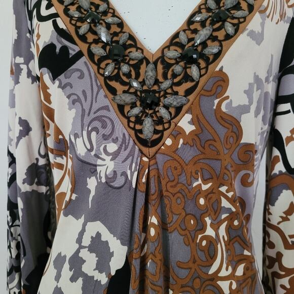 Hale Bob 100% Silk Knit Embellished V-Neck Long Sleeve Dress - Size Medium - Picture 2 of 8